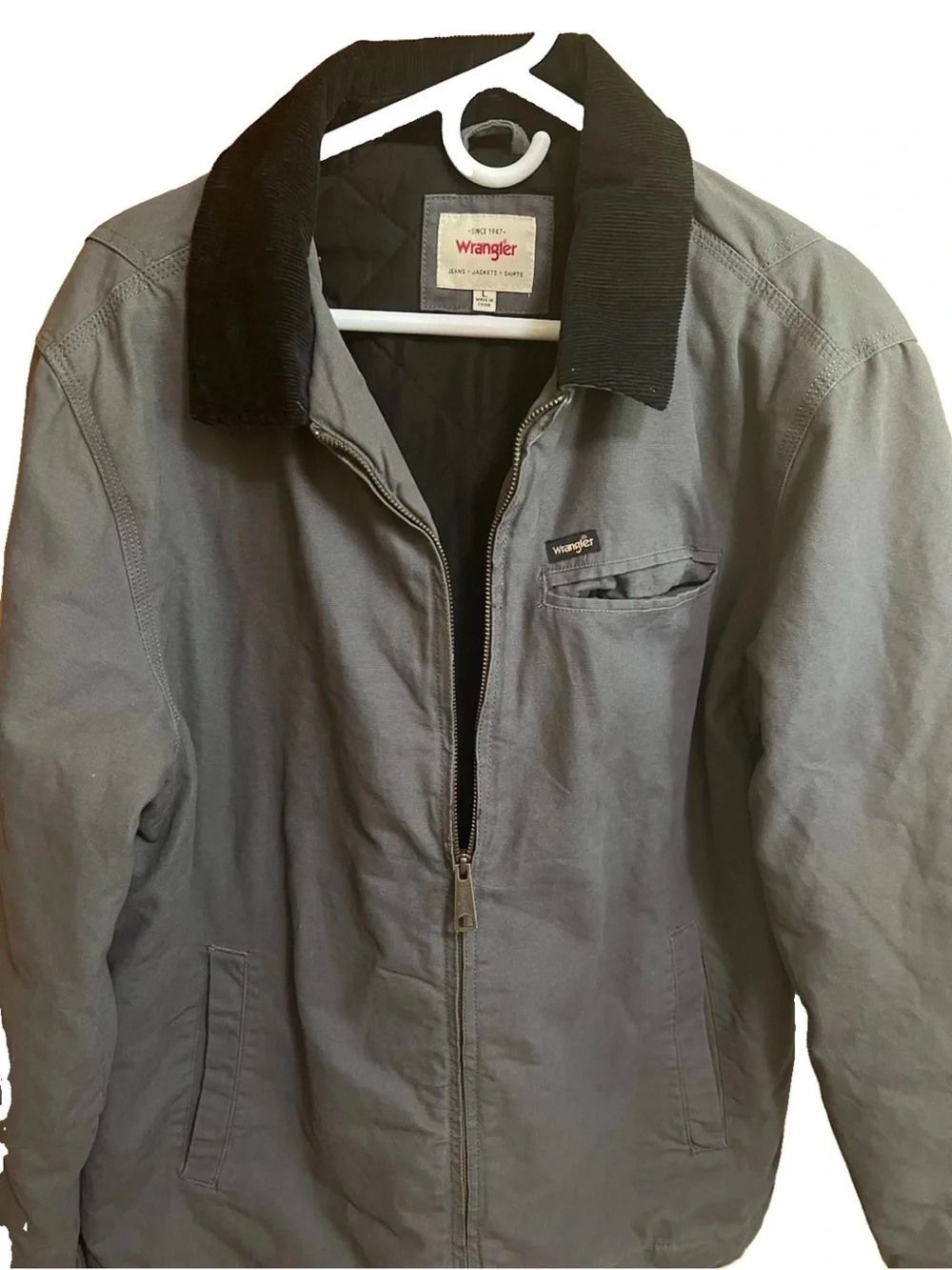 Wrangler Men's Gray Canvas Work Jacket Corduroy Collar Quilt Lined Large